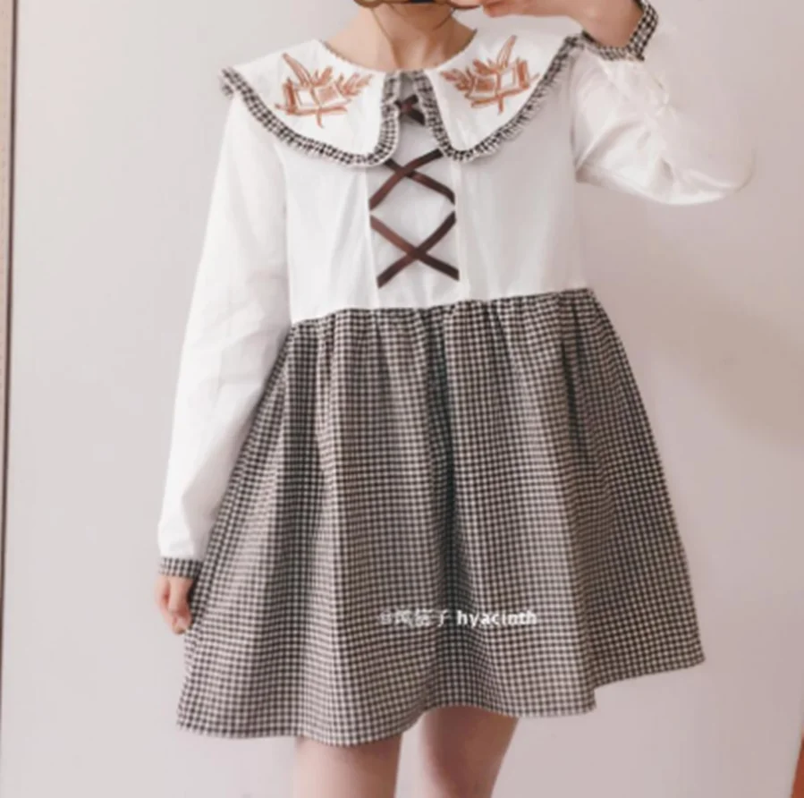 kawaii girl gothic Japanese student sweet lolita dress vintage turn-down collar embroidery lattice victorian dress lolita op cos