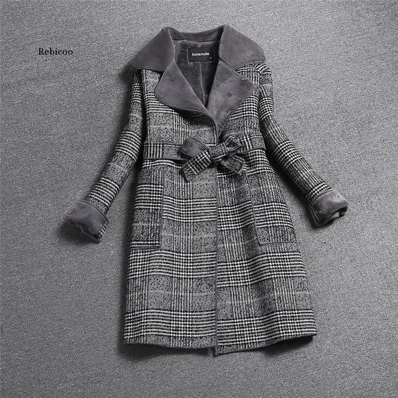 Women Slim Belt Turndown Collar Coats Fashion Vintage Plaid Wool Coat Ladies Korean Autumn Winter Warm Faux Wool Liner Outerwear