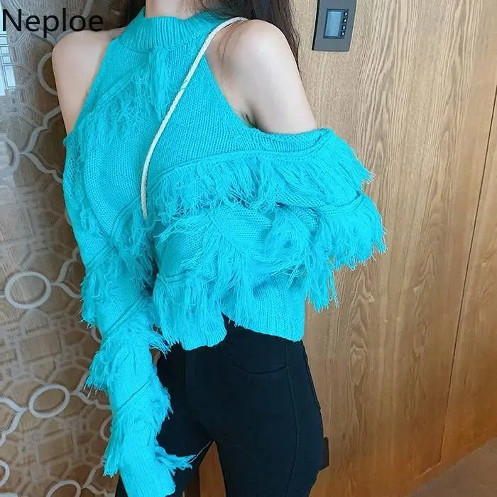 Neploe Sexy Lady Sweater Women Hollow Out Off Shoulder Knitted Cropped Pullovers Chic Tassels Jumper Sueter Fall 2023 Woman