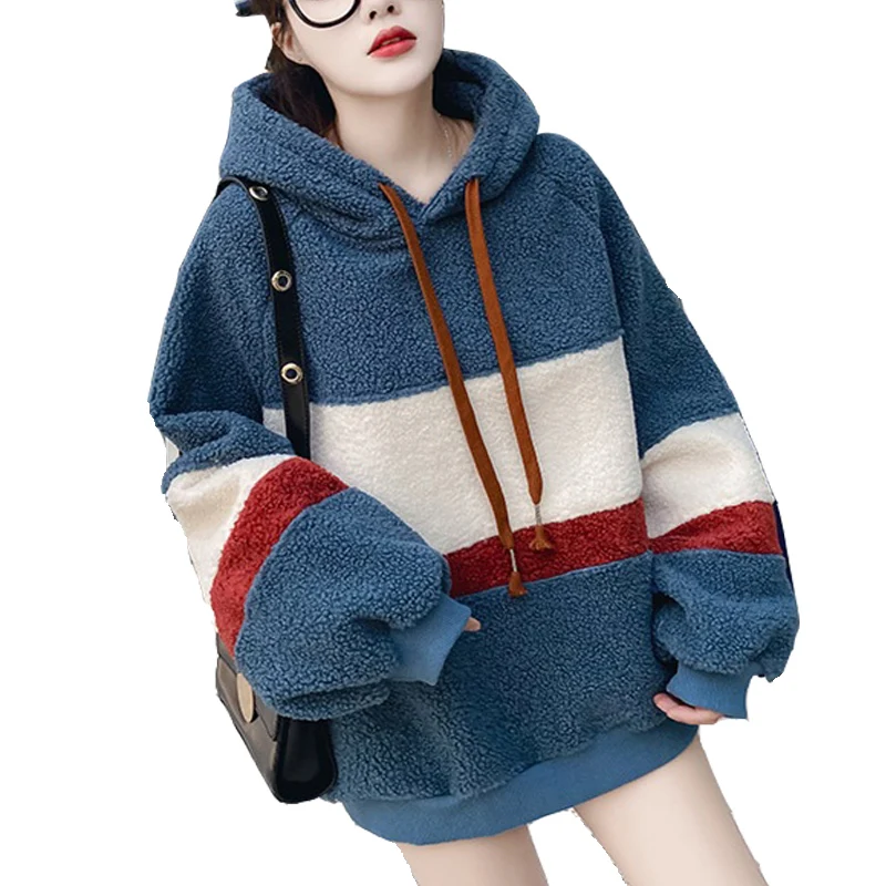 Autumn And Winter New Lambswool Female Pullover Korean Version Of Ins Color Matching Loose Thickening Mid-length Women Hoodie