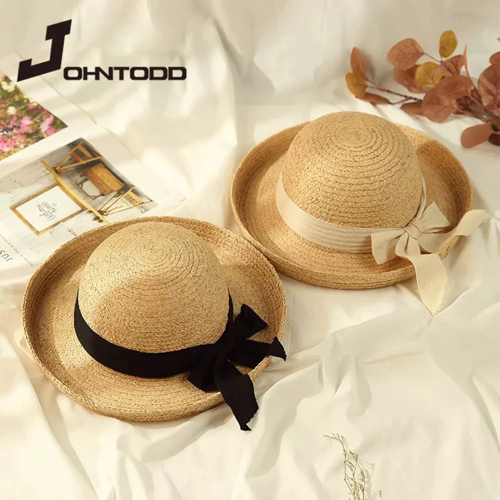 

Brand New Summer Women's Bow Hat Wide Brim Floppy Sun Hat Wide Side Dome Beach Women Hat Raffia Protect Travel Wedding Hat