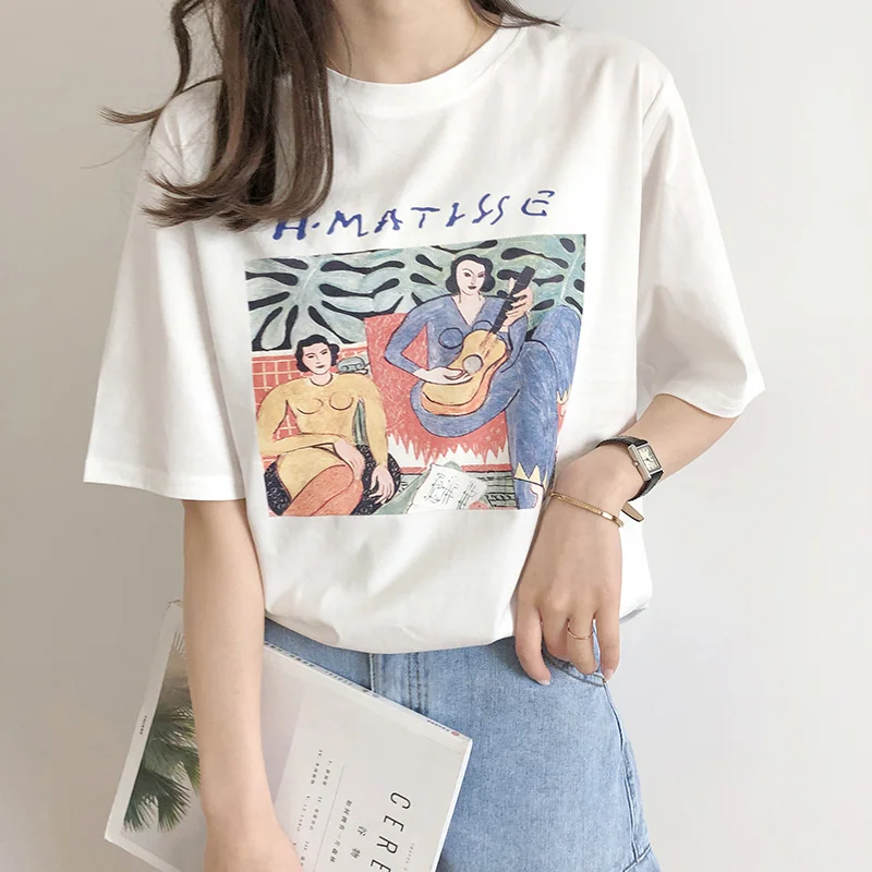 Oil Painting Print Short Sleeve T Shirt Women Cotton Tee Shirt Femme Fashion Ins Tshirt Korean Loose 2021 Summer Tops