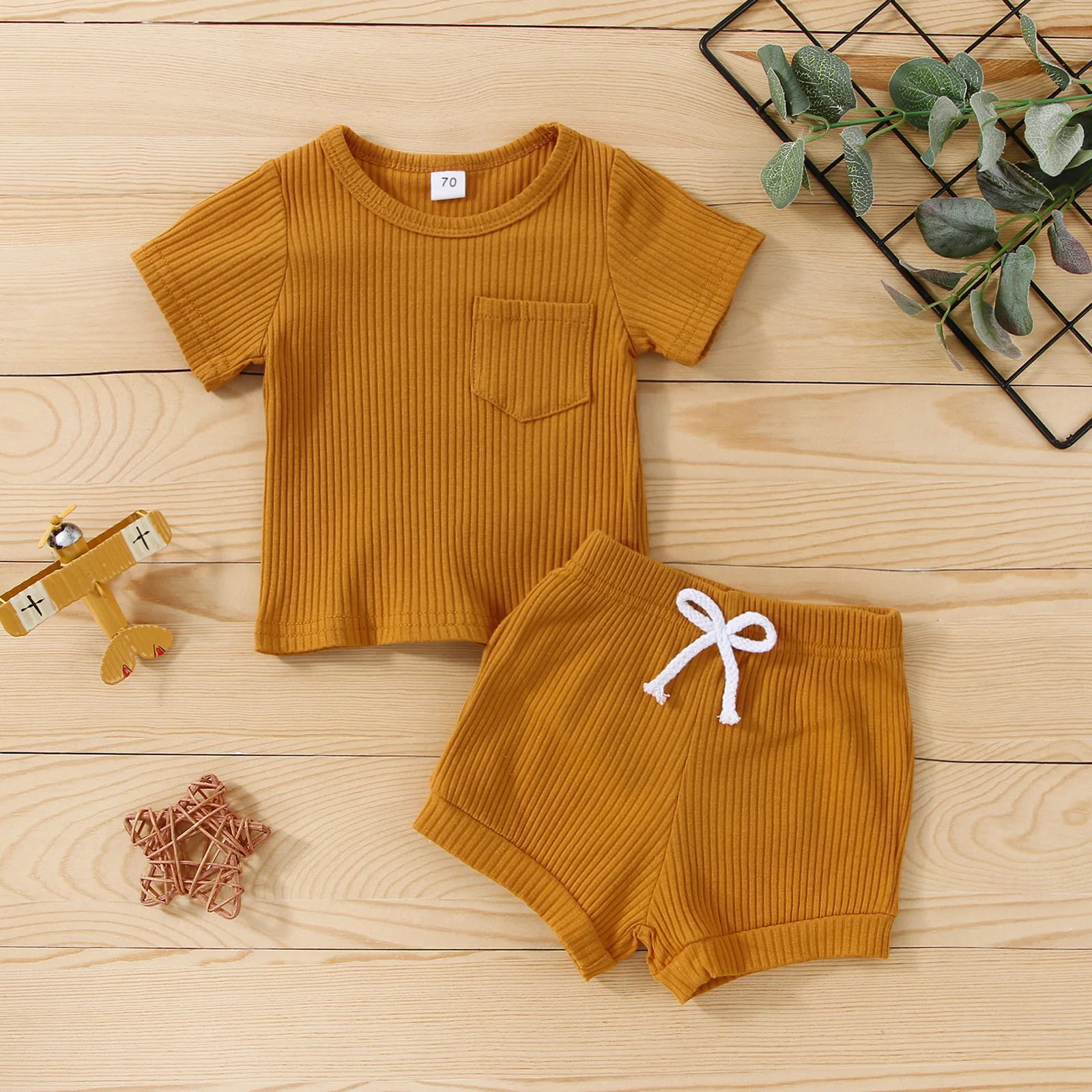 0-24 M Newborn Baby Clothes Summer Outfits Ribbed Knit Short Sleeve T-shirt + Drawstring Short Pant Solid Color Clothes Set