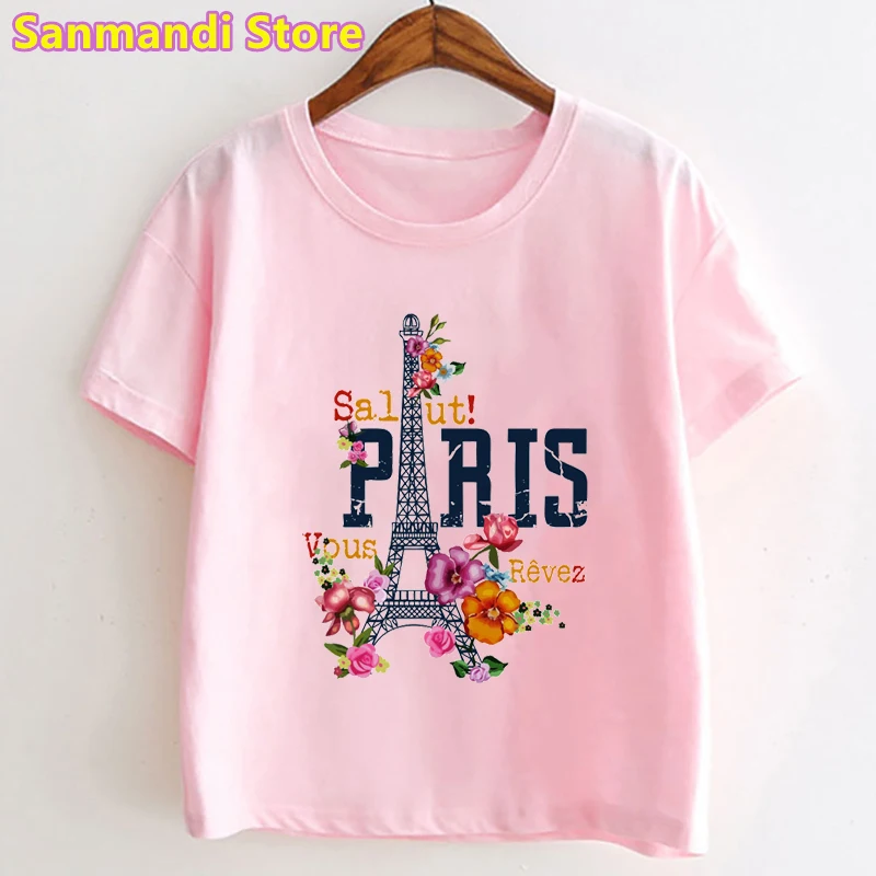 T-shirt imprimé graphique tour Eiffel pour filles, vêtements pour enfants, t-shirt femme, coloré, Paris, fleurs, été