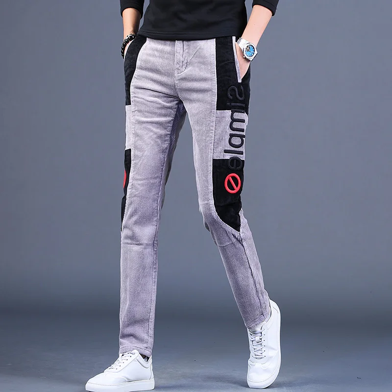 Men\'s Embroidery Patchwork Corduroy Pants Autumn Fashion Casual Gray Straight Leg Trousers