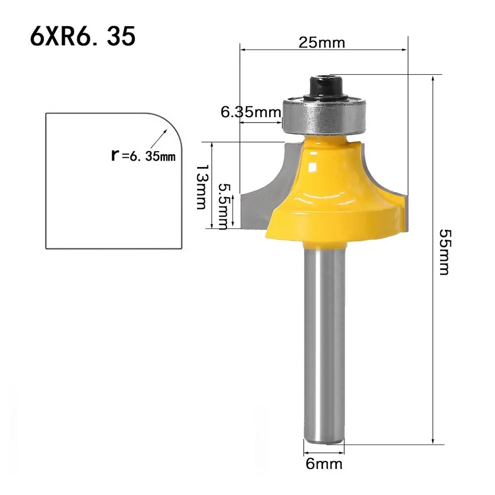 6mm Shank Corner Round Over Router Bit With Bearing Milling Cutter For Woodwork Carbide R3.17mm, R4.76mm, R6.35mm, R7.96