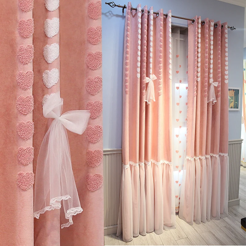 

Princess Style Pink Blackout Curtain for Girls Bedroom Towel Embroidery Curtain 3D Love Heart Tulles Curtain for Living Room