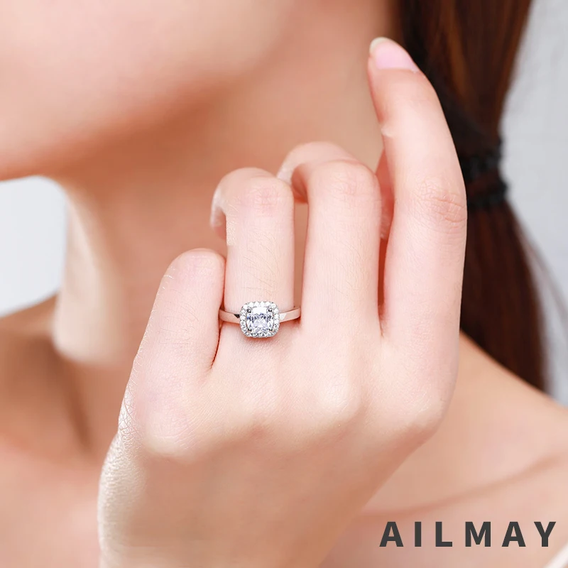 Ailmay-anillos de plata de ley 100% 925 auténtica para mujer, joyería fina minimalista, con dijes de circonita cúbica transparente cuadrada Simple,