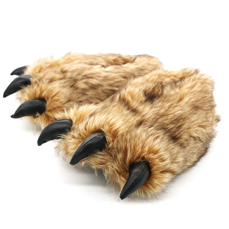 Black furry fur slippers men unisex chunky bigfoot shoes 2024 creative slip on bear paw slippers couples plush indoor shoes