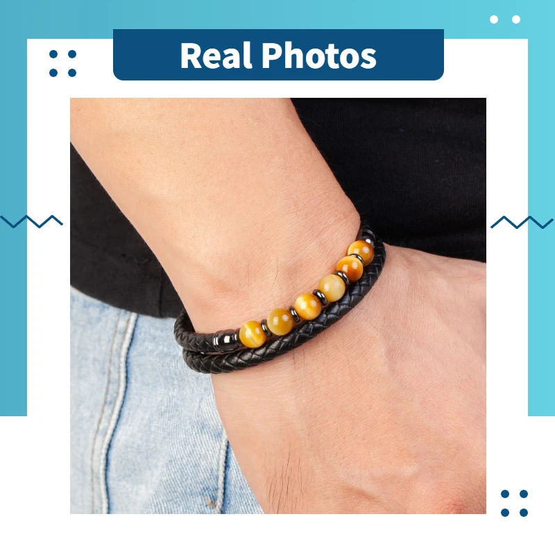 Modischer Herrenschmuck, Charm-Armband mit runden Steinen für Männer, bunte Tigerauge-Perlen, schwarze Lederkette, Armreif, Geschenk für Männer – Detail 2
