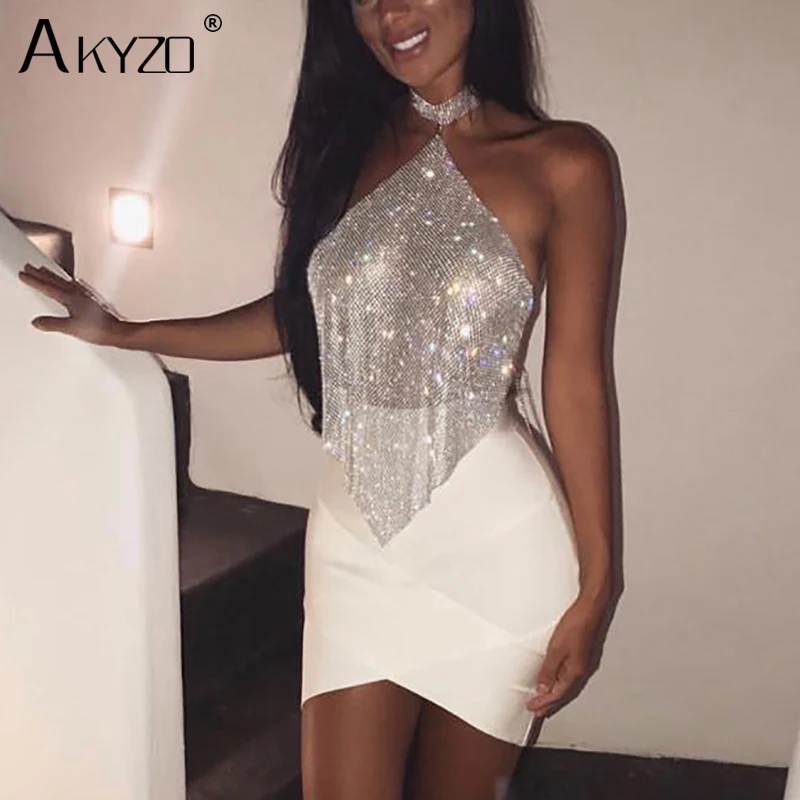 Fashion Halter Backless Crystal Cami Crop Tops Women Rhinestone Metal Mesh Festival Party Club Outfit Costume Top