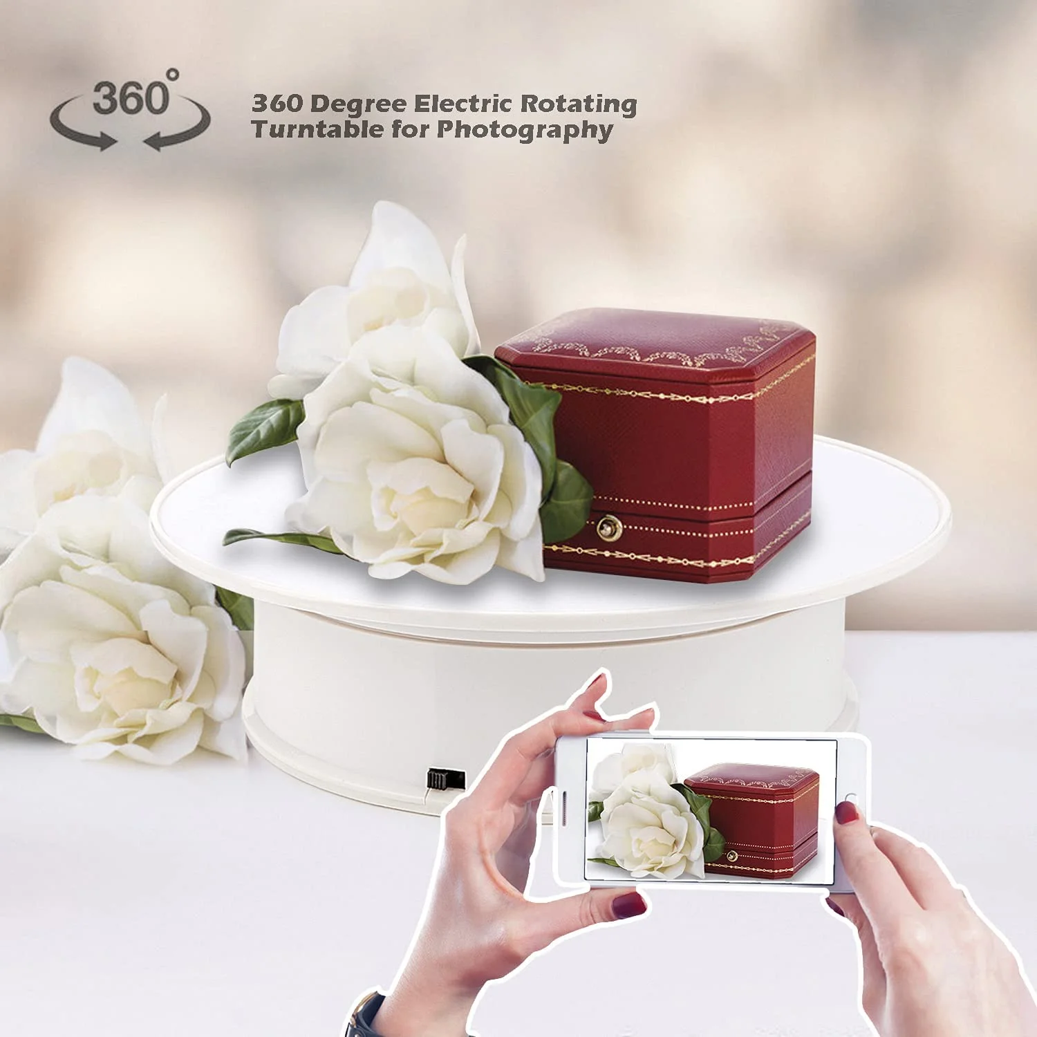 8In/20CM White Velvet Electric Motorized Rotating Display Turntable Rotating Advertising for display Jewelry, watch, Photograph