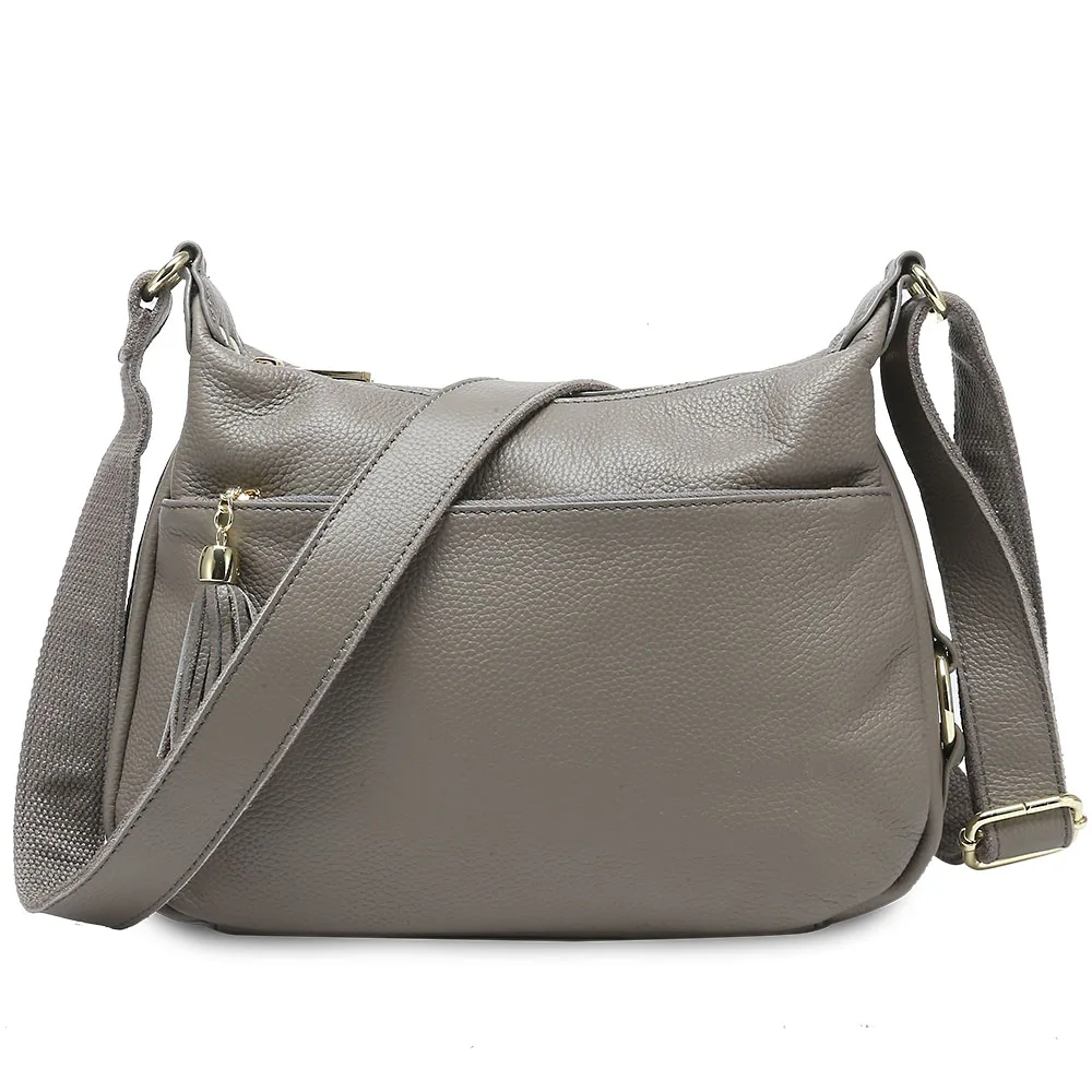 Zency 100% Skórzana Torba Damska na Ramię z Frędzlami, Wysokiej Jakości Torebki Hobo, Eleganckie Damskie Torby Crossbody, Czarna Szara — zdjęcie 2