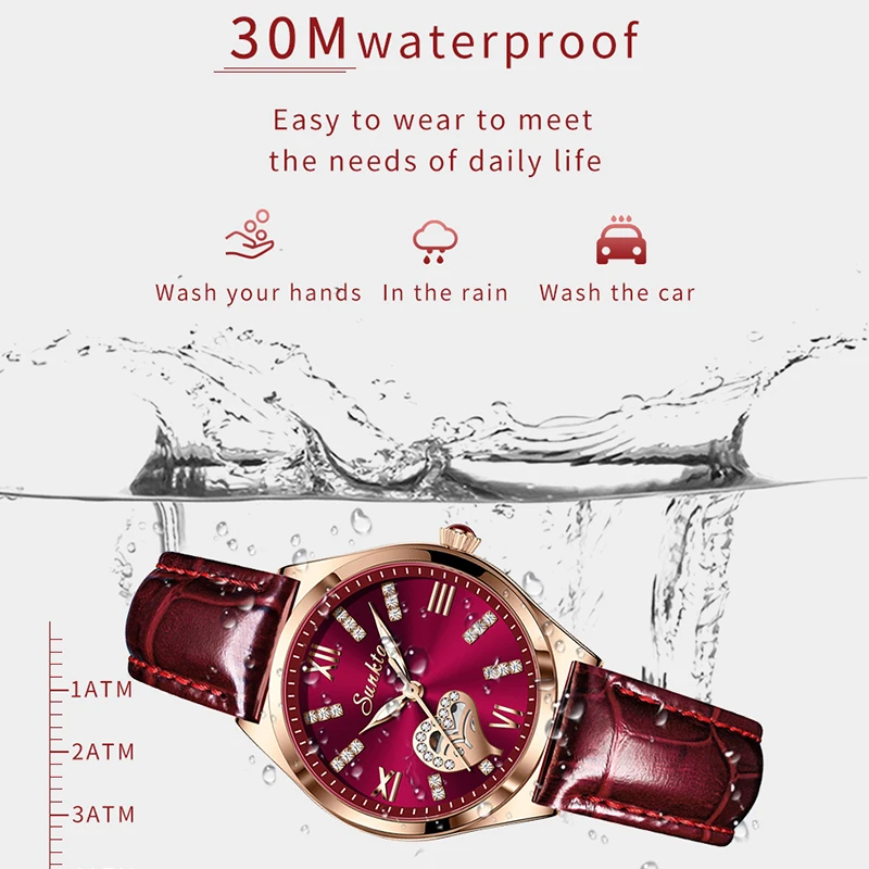 SUNKTA New Rose Gold Wine Red Luxury Quartz Women  Watch Waterproof Leather Watches Ladies Watches Clock Relogio Feminino+Box