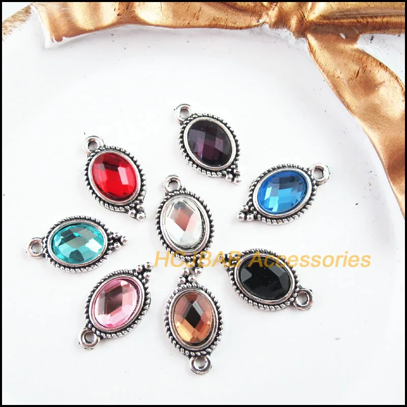 16Pcs Tibetan Silver Tone Retro Oval Mixed Crystal Charms Pendants 9x17mm