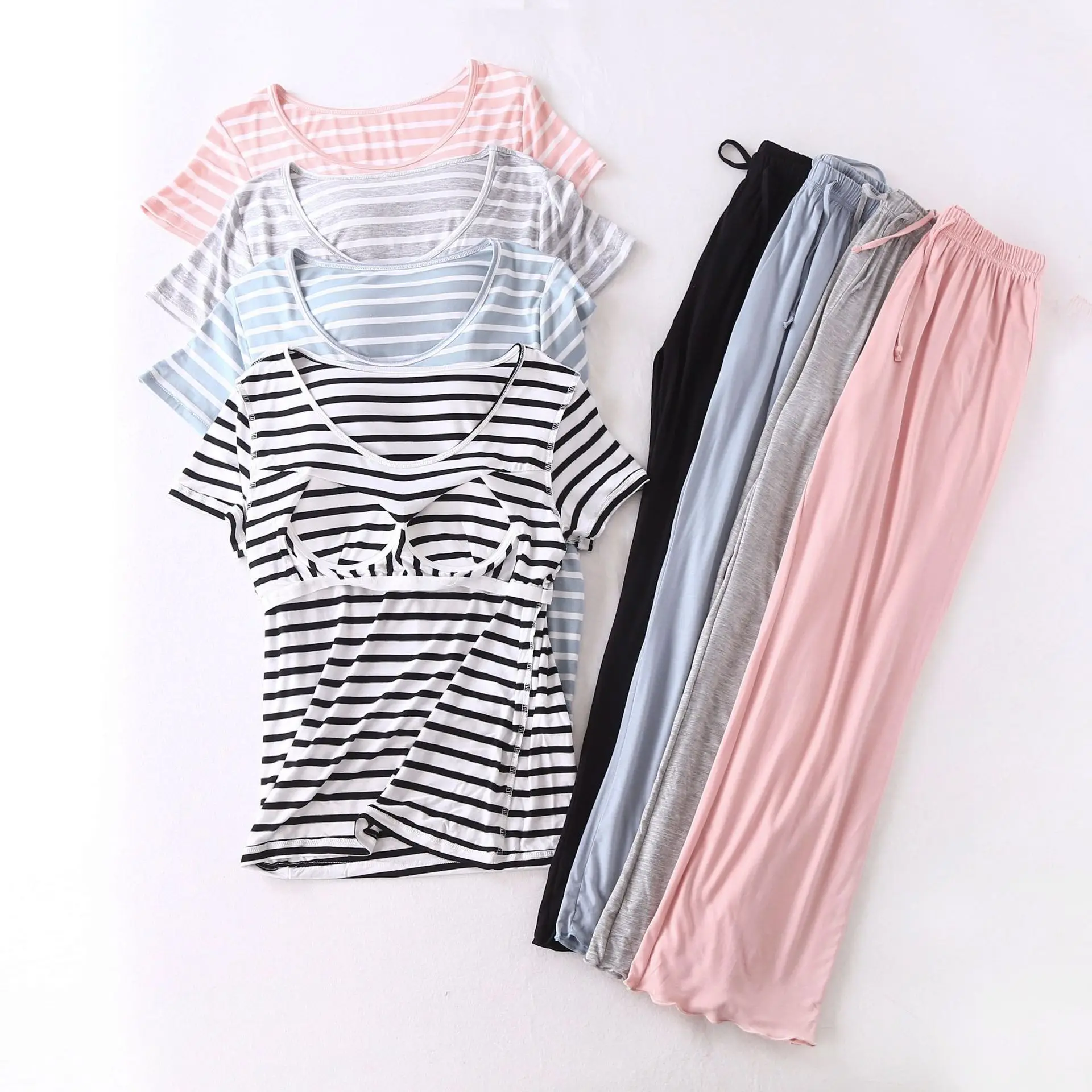 Summer Women Pijama Modal Striped Pyjama Femmes M-XXL plus size Women Sleepwear Short Sleeve With Chest Pad Pajama set