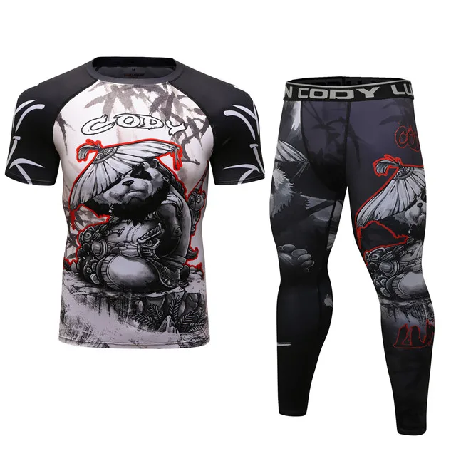 Brand New Men Gym Suits Fighting panda Sportswear Compression MMA Suits Running Fitness Tight Sport Suit Outdoor Jogging set