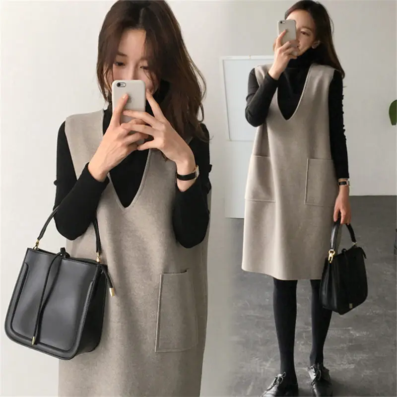 Woman Clothes Autumn Outfit Suits Fashion Winter Long Loose Two-piece Sweater Woolen Sundress Big Size Vest Set f1499