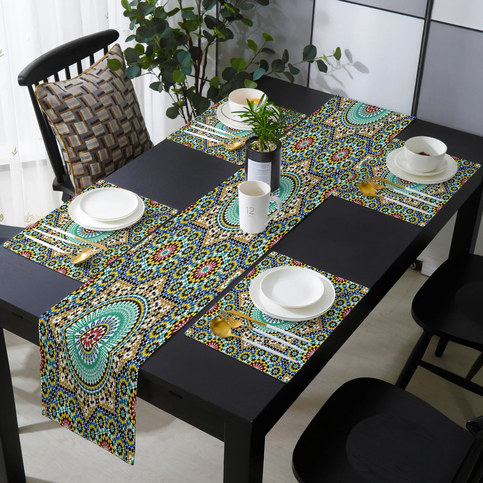 

Morocco Colorful Flowers Arabesque Table Runner and Placemats Set Wedding Table Decoration Table Runner for Kitchen Dining