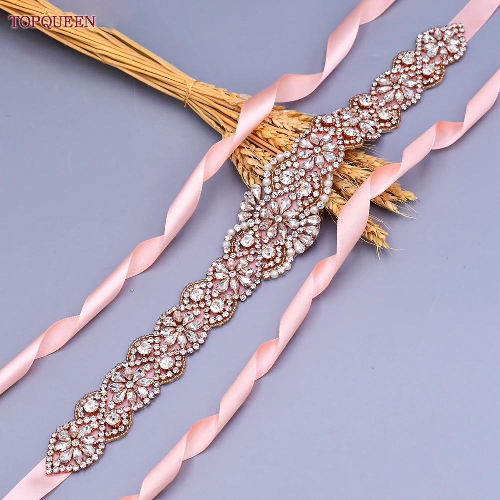 TOPQUEEN S161B-RG Bridal Dress Belts Rose Gold Rhinestones Applique Luxury Designer Women Evening Party Sash Wedding Accessories