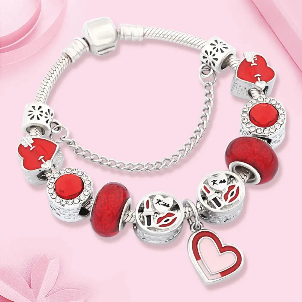 Romantic Red Heart Arrow Charm Bracelets & Bangles Red Enamel Lipstick Beads Bracelet for Women Girl Lover Gift