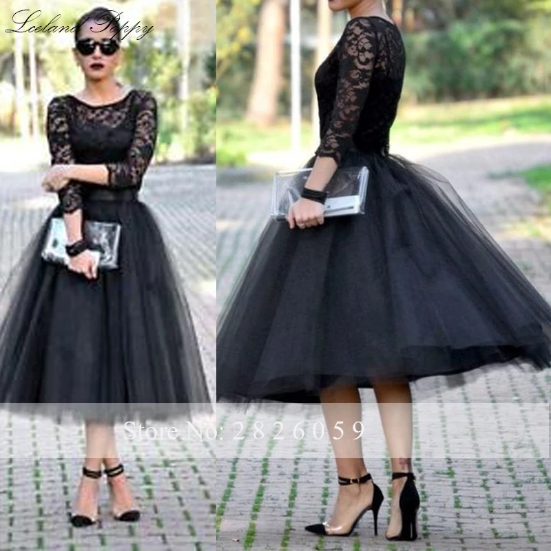 Lceland Poppy A-line Vintage Scoop Neck Black Lace Cocktail Dresses Tea Length 3/4 Sleeves Tulle Cocktail Party Formal Dress