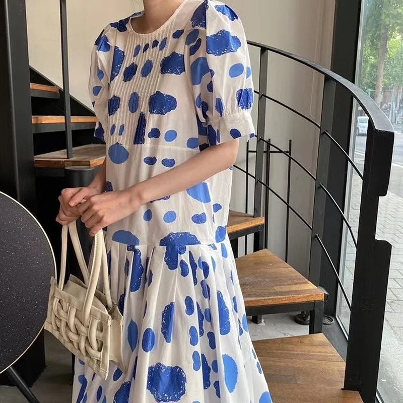 Summer Dress Elegant Robes Korean Chic Pleated Print Puff Sleeve Long Dress Female High Waist Loose Dresses for Women 13885