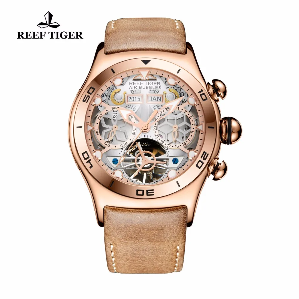 Reef Tiger Luxury Rose Gold Skeleton Automatic Watches Tourbillon Leather Strap Watches Waterproof Sport Watch Men RGA703