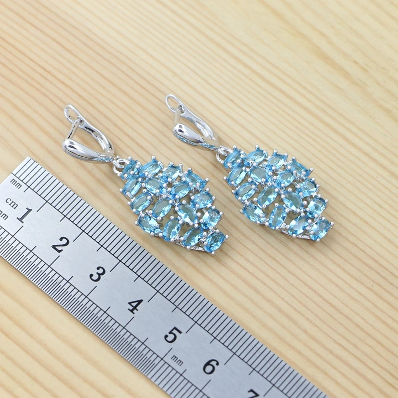 Geometric Jewelry Set 925 Silver Jewelry Sky Blue Cubic Zirconia Earrings Ring Pendant Chain Bracelet Bridal Gift
