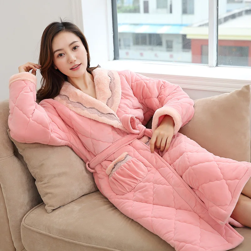 Winter New Coral Fleece Quilted Lady Robe Kimono Bathrobe Nightgown Thick Warm Long Sleeve Sleepwear Bath Night Gown M-XXXL