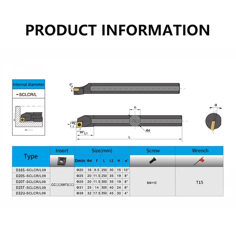 SCLCR D16S-SCLCR09 D20T-SCLCR09 D32U-SCLCR09 Spring steel Internal Turning Tool Holder CCMT09 Carbide Inserts Lathe Cutting Tool