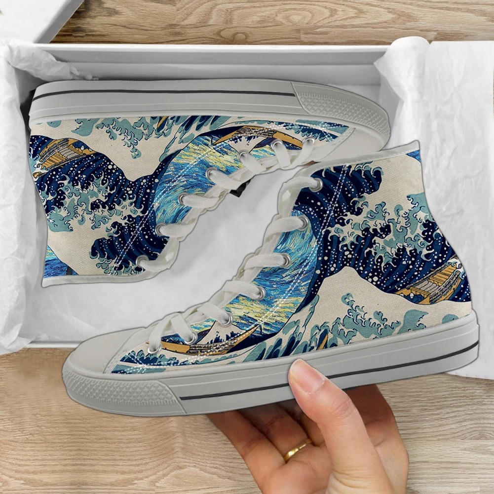 INSTANTARTS Japanese Ocean Waves Painting Vulcanized Shoes Women Canvas High Top Flat Shoes Casual Lace Up Sneakers for Ladies