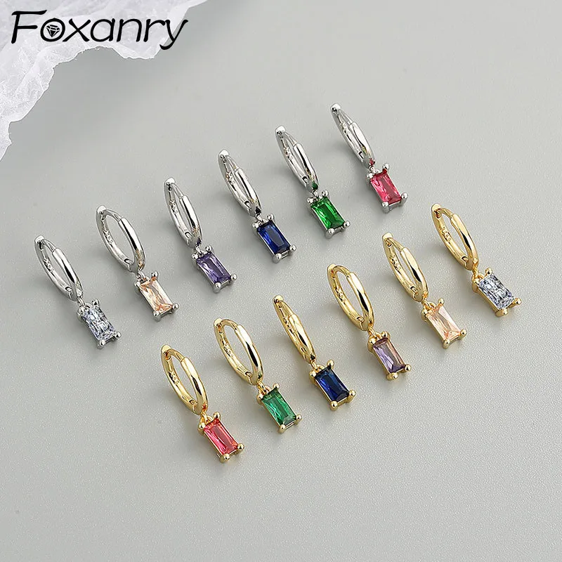 Picture: FOXANRY Prevent Allergy Silver Color Stud Earrings for Women Trend Elegant Simple Sparkling Colorful Zircon Bride Jewelry