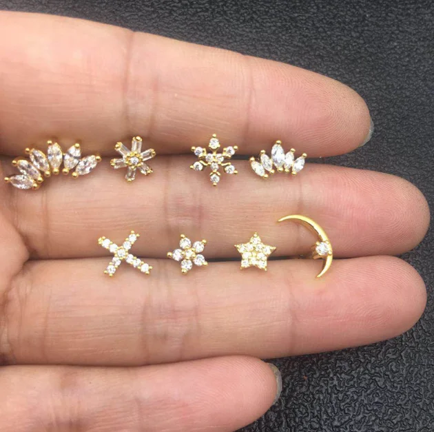 Lot50pcs Body Jewelry-  Gold CZ Ear Studs/Earring Helix Bar Upper Earring Body Piercing Tragus Diath Earring 16g Heart Flower