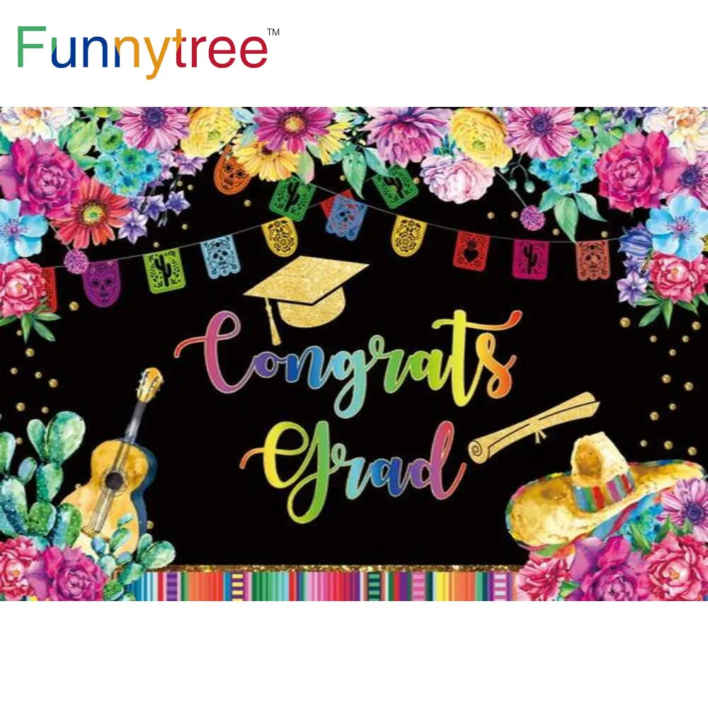 Funnytree Congrats Grad Bachelor Banner Colourful Flowers Backdrop Guitar Hat Mexican Fiesta Party Gold Dots Photo Background
