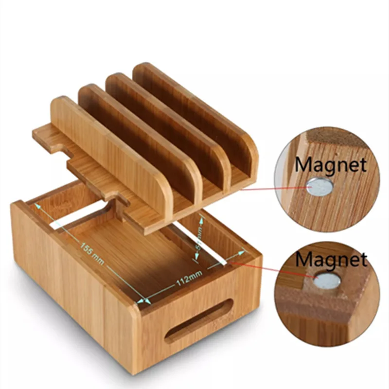 Bamboo Holder for iPhone Stand for Samsung Phone Cords Charging Station Docks Organizer for Smart Phones and Tablets USB Charger