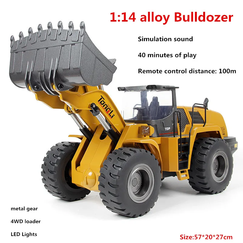 1:14 RC Truck  Alloy Heavy  Bulldozer 4WD loader With LED Lights Simulation Sound Diecast Model Vehicles Outdoor Car Toys