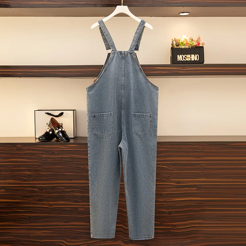 150Kg Plus Size Women's Loose Casual Denim Overalls Spring Autumn New Solid One-Piece Cropped Trousers Blue 5XL 6XL 7XL 8XL 9XL