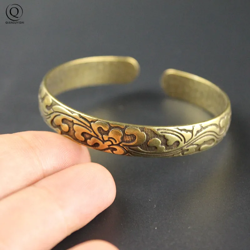 Retro Brass Flower Pattern Princess Bangle Classic Pure Copper Open Bracelet Ancient Women Wristband Decor Valentine\'s Day Gifts