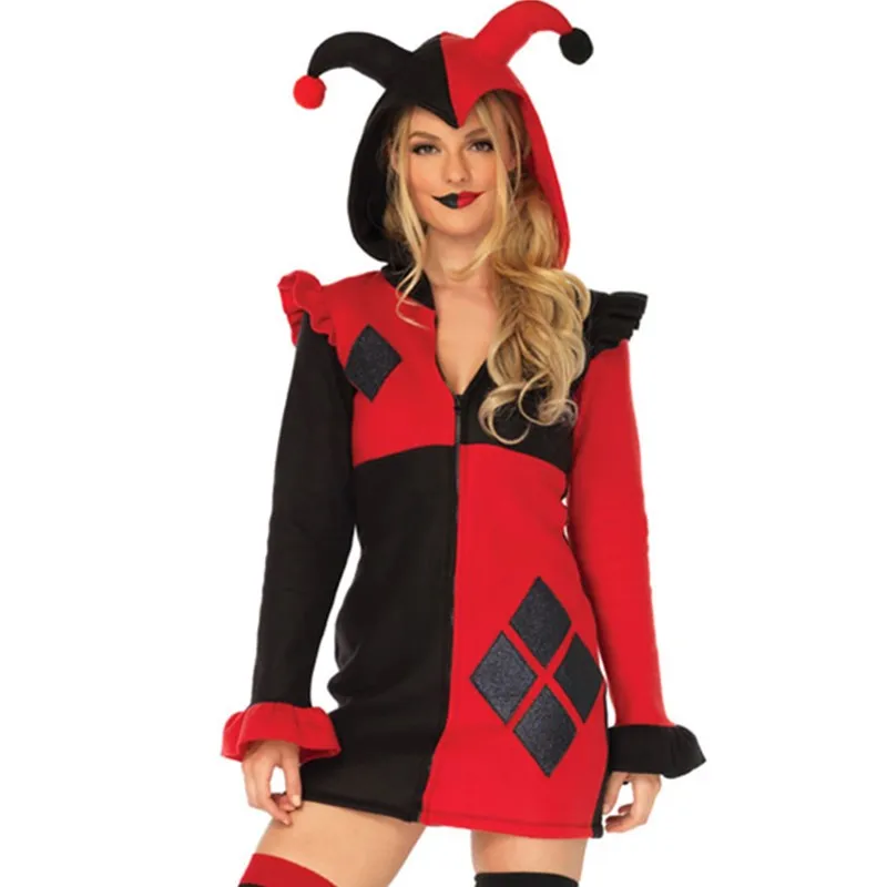 

Halloween Sexy Red Black Naughty Harley Clown Funny Costume Carnival Party Circus Bad Guy Joker Cosplay Dress