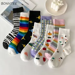 Socks Women Breathable Cute Cotton Ins Lady Soft High Elasticity Kawaii Casual Striped Fashion Daily Spring Middle Tube Harajuku