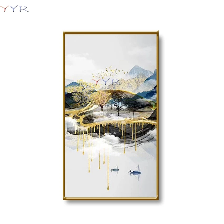 Original artist pure hand made modern gold mountains fluid abstract oil painting canvas  picture for room home decor no framed