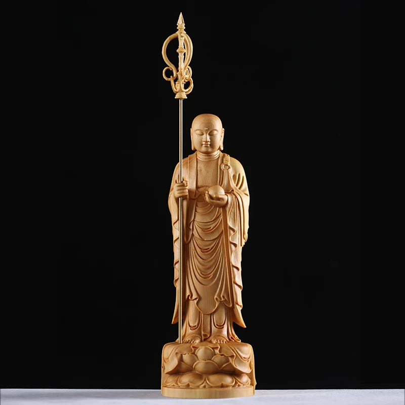 Gilded Ksitigarbha Bodhisattva Carving, Handcrafted Buddha Figurine for Home Decor and Worship