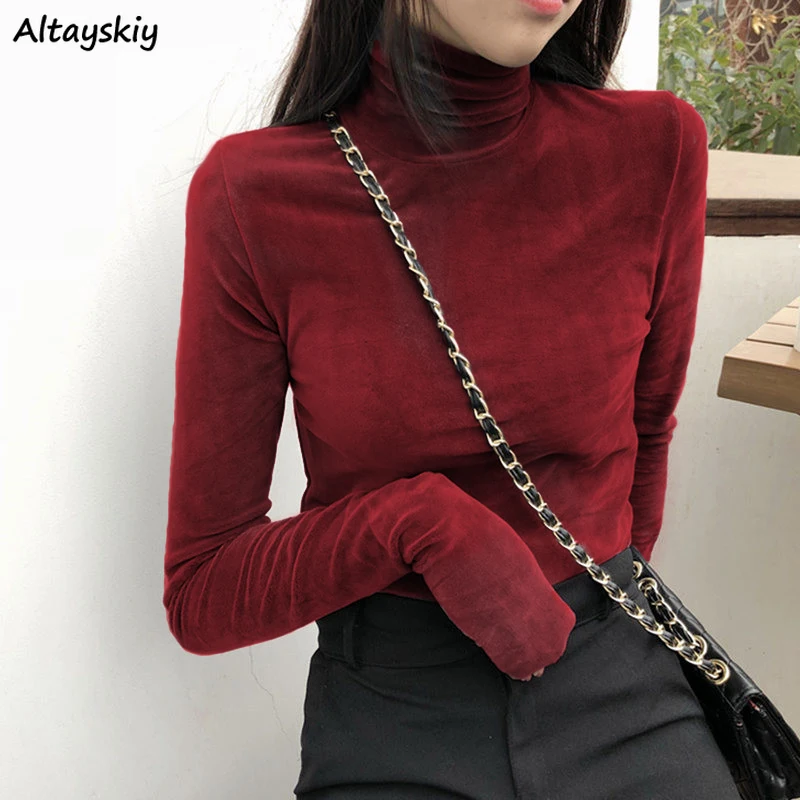 T-shirts Women Thickening Aesthetic Solid Turtle Neck 7 Colors Long Sleeve Slim Lady Autumn Basic Tee All-match 2020 New Chic