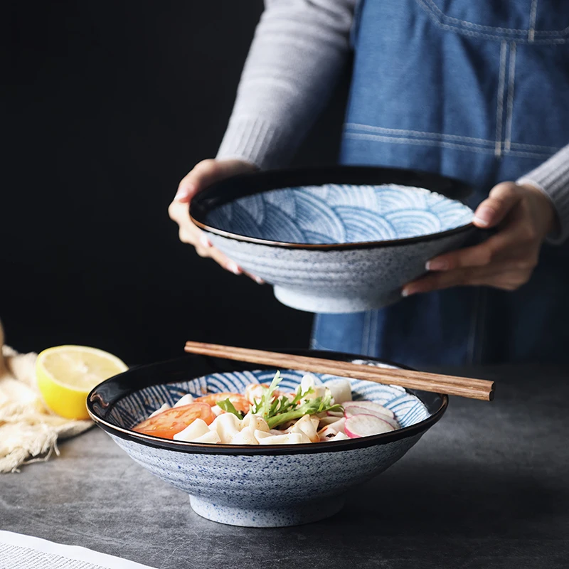 

Japanese Sea Ripple Creative Large Noodle Bowl Household Retro Noodle Bowl Ceramic Soup Bowl Beef Ramen Bowl