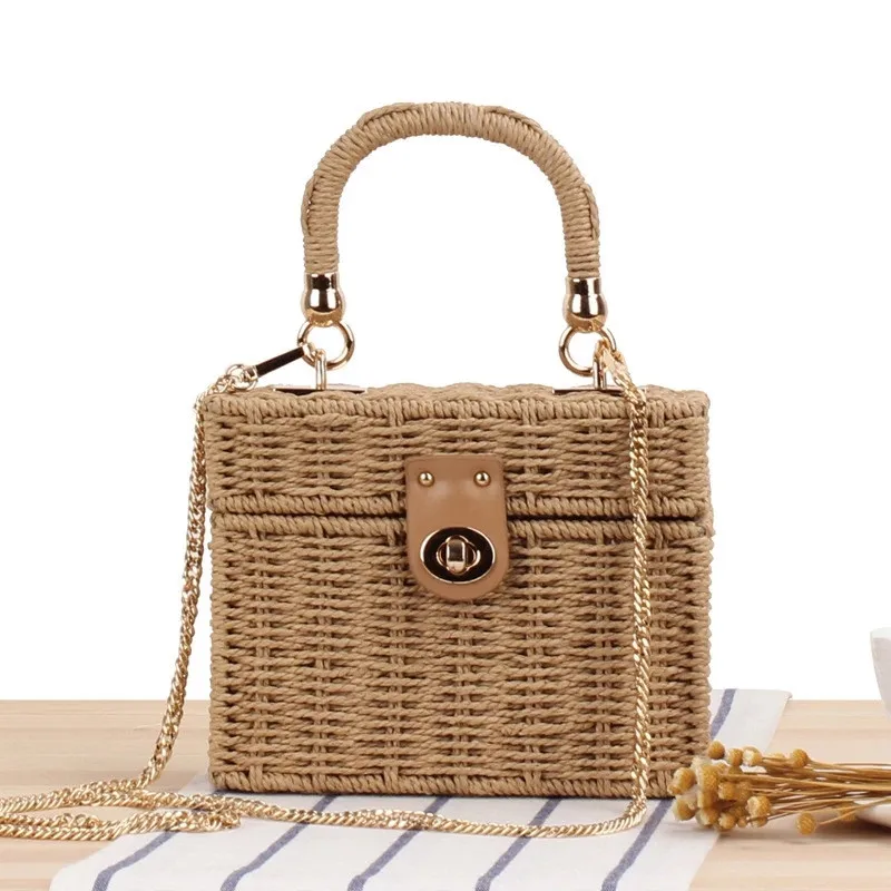 

Summer Handmade Woven Rattan Bags For Women Travel Beach Weave Straw Shoulder Handbags Small Square Crossbody Bags Lock Purses