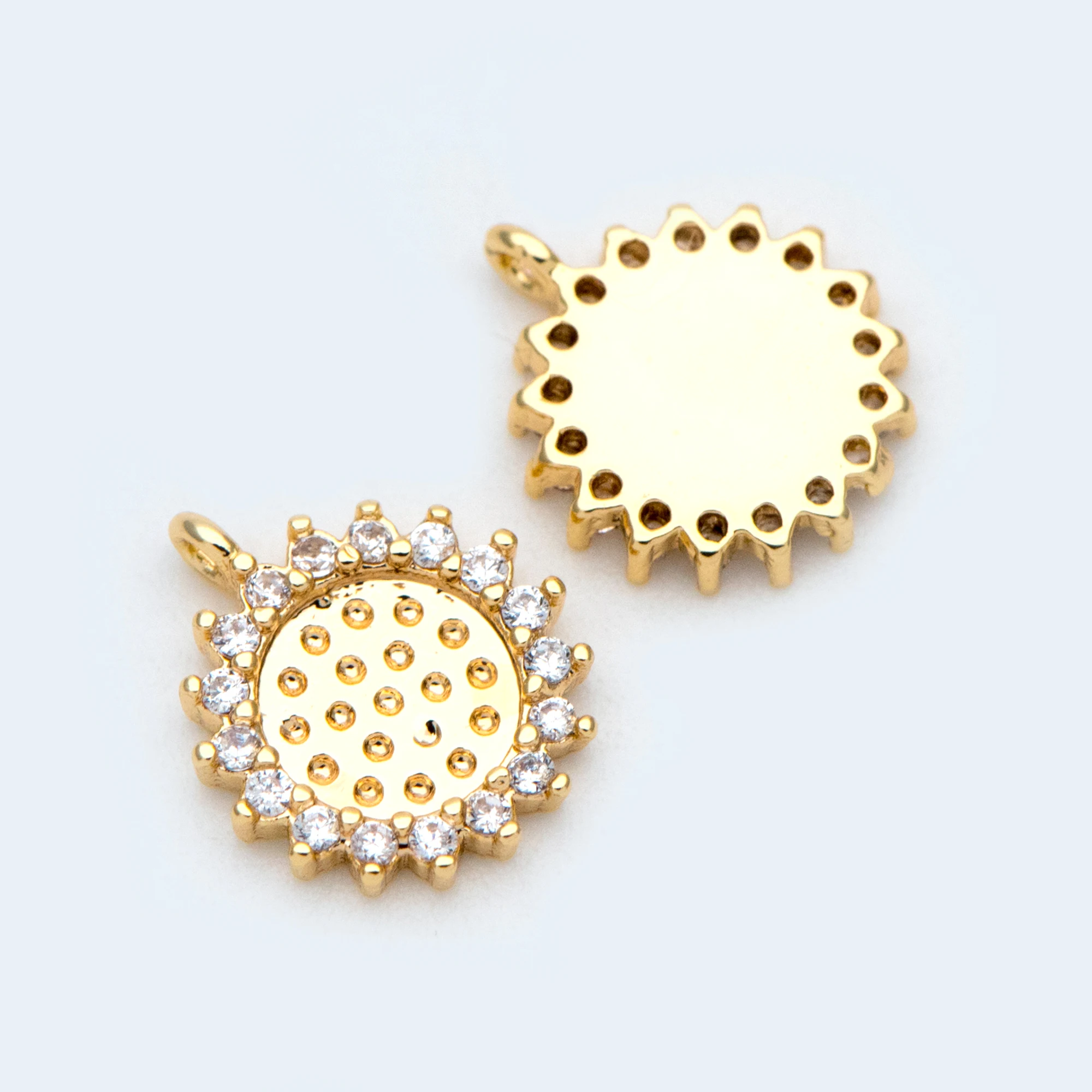 

10pcs CZ Paved Gold Round Sunflower Charms 10x9mm, 18K Gold plated Brass, Disk Sun Pendants (GB-1058)