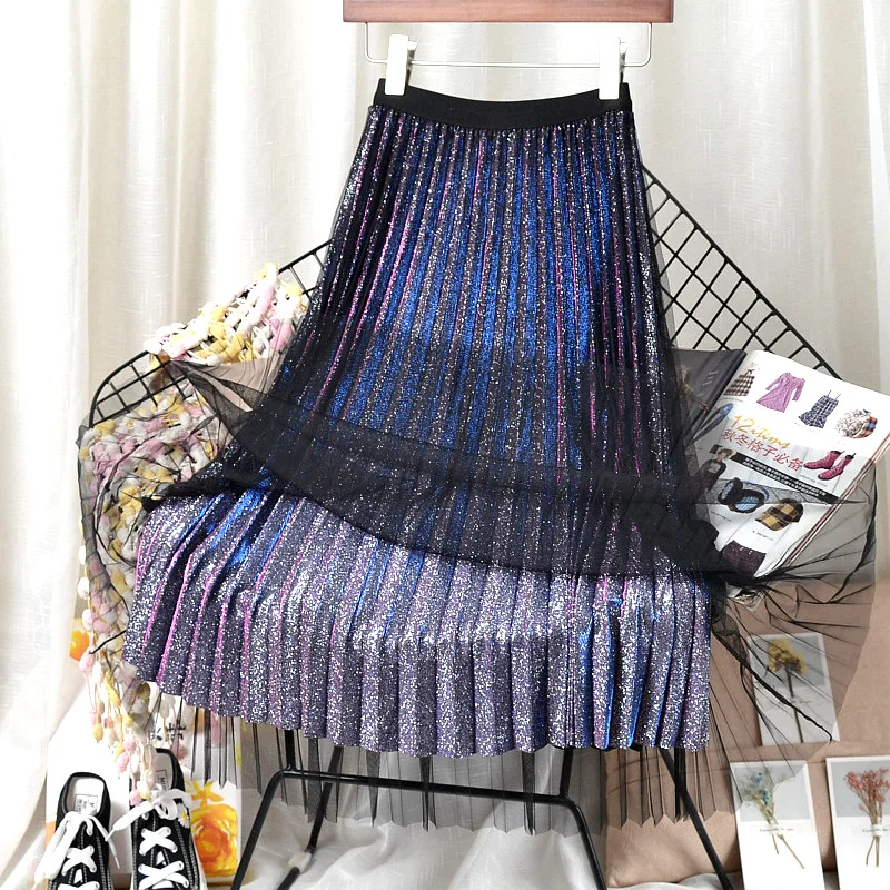 

Women Autumn Fashion Bright Silk Midi Tulle Skirts Ladies Spring High Waist Casual Pleated Two Layers Elegant Skirt DS348