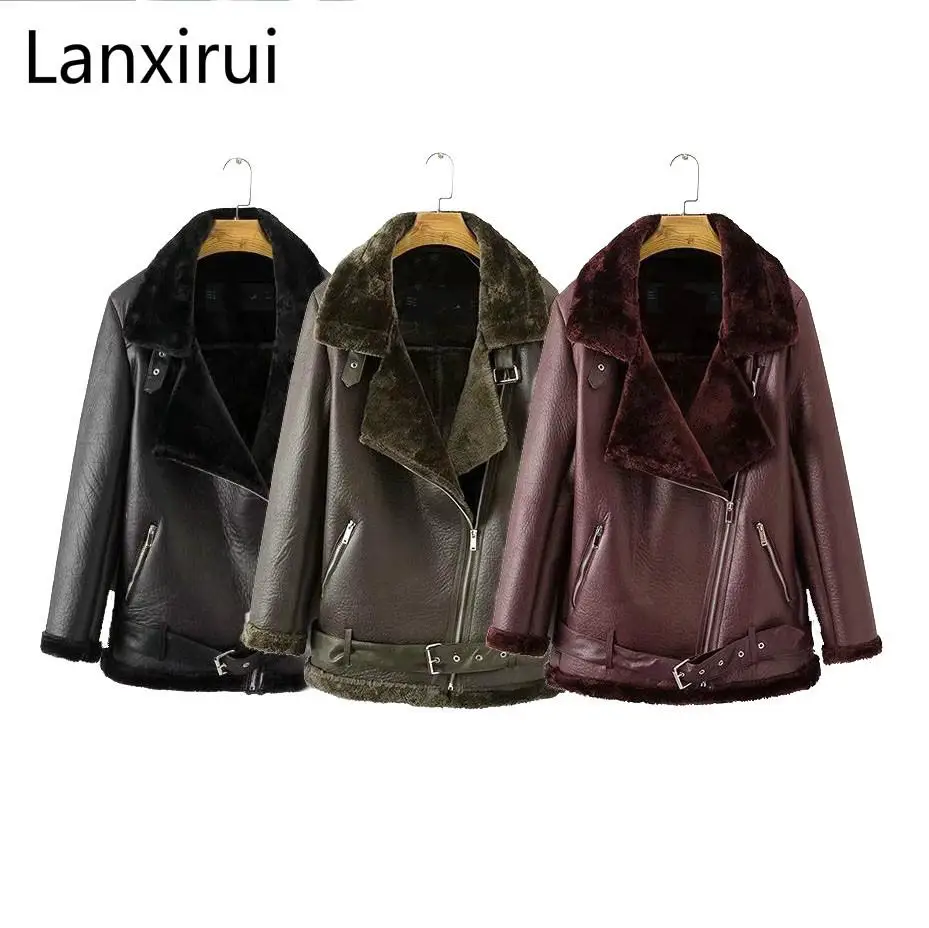 

Autumn new European American women Punk Lapel thickened Padded warm PU leather coat