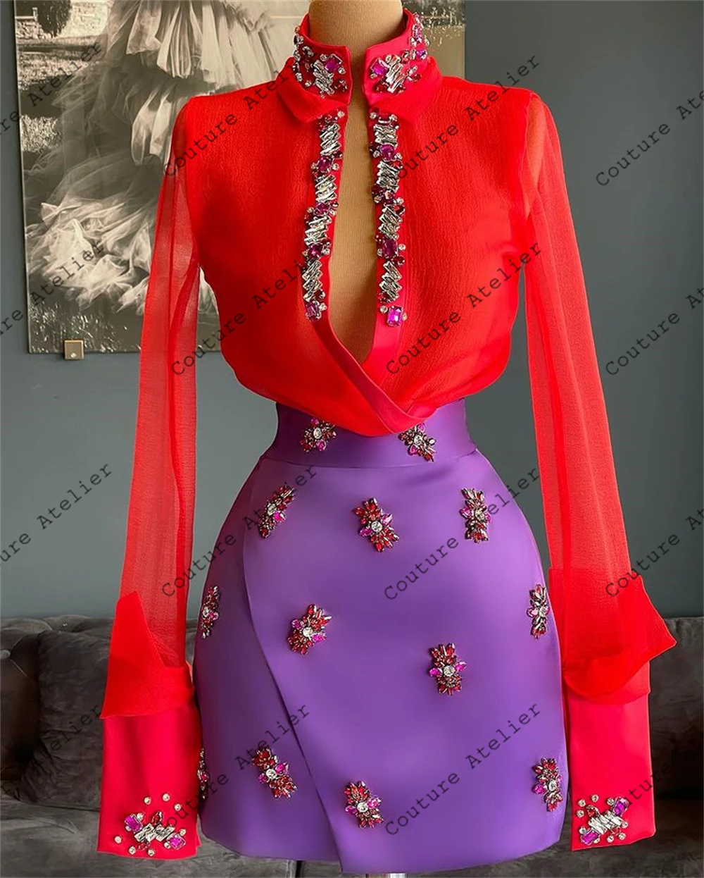 Red And Purple Mermaid Prom Dresses Two Pieces Homecoming Dress Beaded Crystals Long Sleeve Party Gown Mini Cocktail Customized